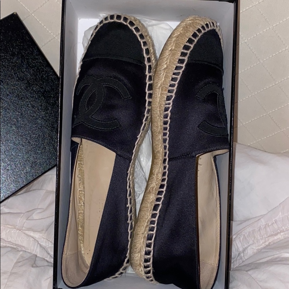 Black satin Chanel espadrilles